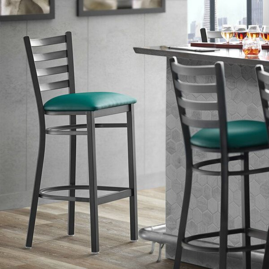 Restaurant Bar Stools * | Coupon Lancaster Table & Seating Black Frame Ladder Back Bar Height Chair With Green Padded Seat