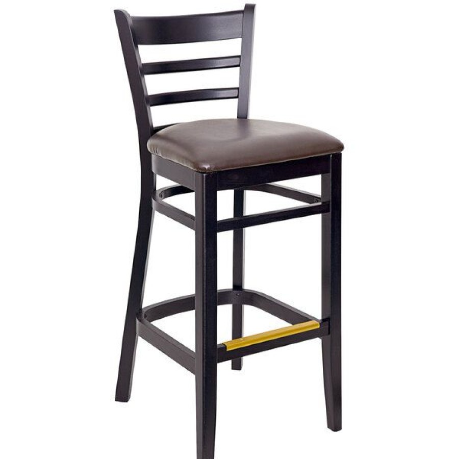 Restaurant Bar Stools * | New Bfm Seating Berkeley Black Beechwood Ladder Back Barstool With 2 Dark Brown Vinyl Seat