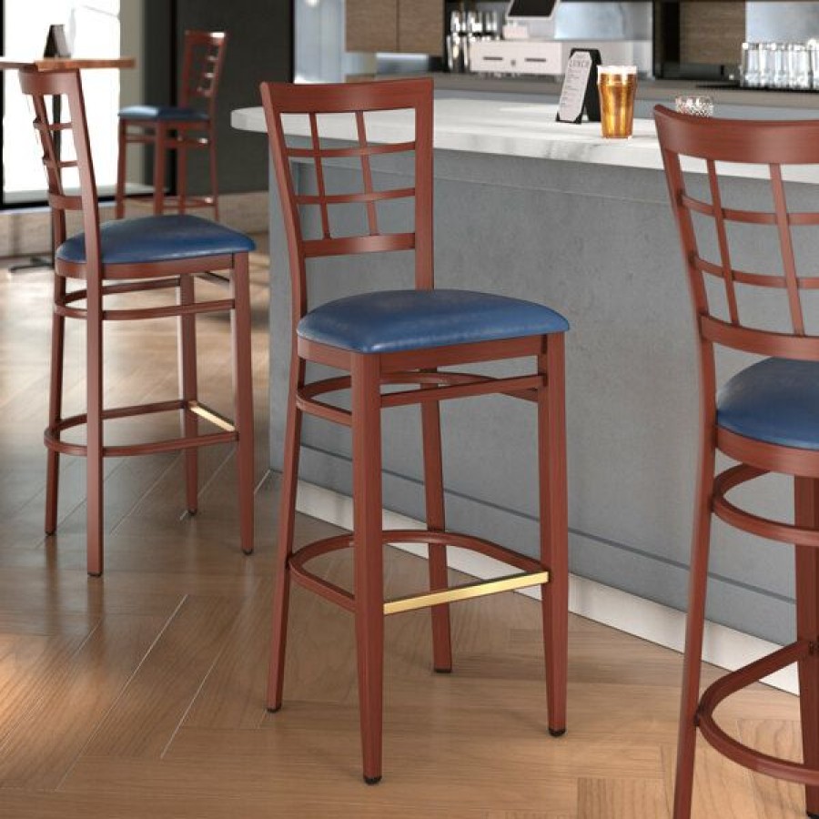 Restaurant Bar Stools * | Discount Lt&S Spartan Series Lancaster Table & Seating Spartan Series Bar Height Metal Window Back Chair With Mahogany Wood Grain Finish And Navy Vinyl Seat