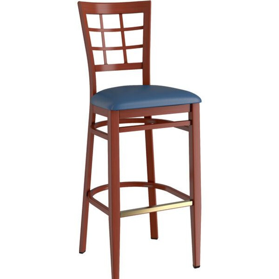 Restaurant Bar Stools * | Discount Lt&S Spartan Series Lancaster Table & Seating Spartan Series Bar Height Metal Window Back Chair With Mahogany Wood Grain Finish And Navy Vinyl Seat