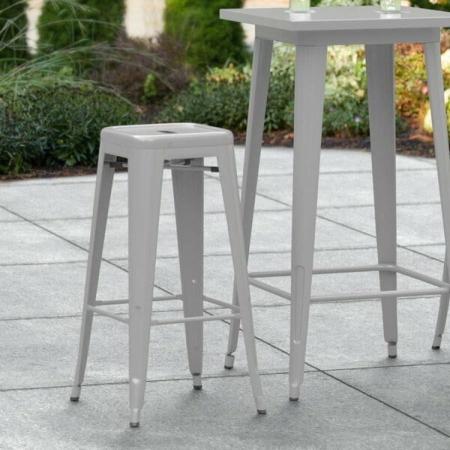 Outdoor Restaurant Bar Stools * | Hot Sale Lt&S Alloy Series Lancaster Table & Seating Alloy Series Silver Stackable Metal Indoor / Outdoor Industrial Barstool With Drain Hole Seat