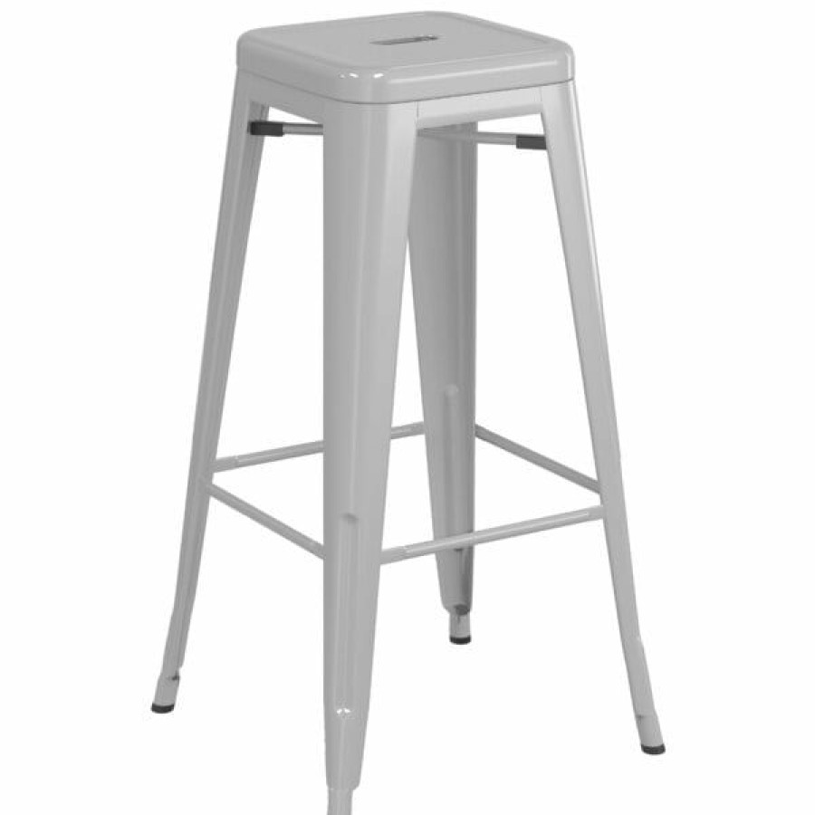 Outdoor Restaurant Bar Stools * | Hot Sale Lt&S Alloy Series Lancaster Table & Seating Alloy Series Silver Stackable Metal Indoor / Outdoor Industrial Barstool With Drain Hole Seat