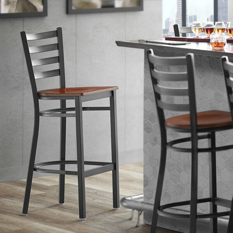 Restaurant Bar Stools * | Best Deal Lancaster Table & Seating Black Frame Ladder Back Bar Height Chair With Antique Walnut Wood Seat