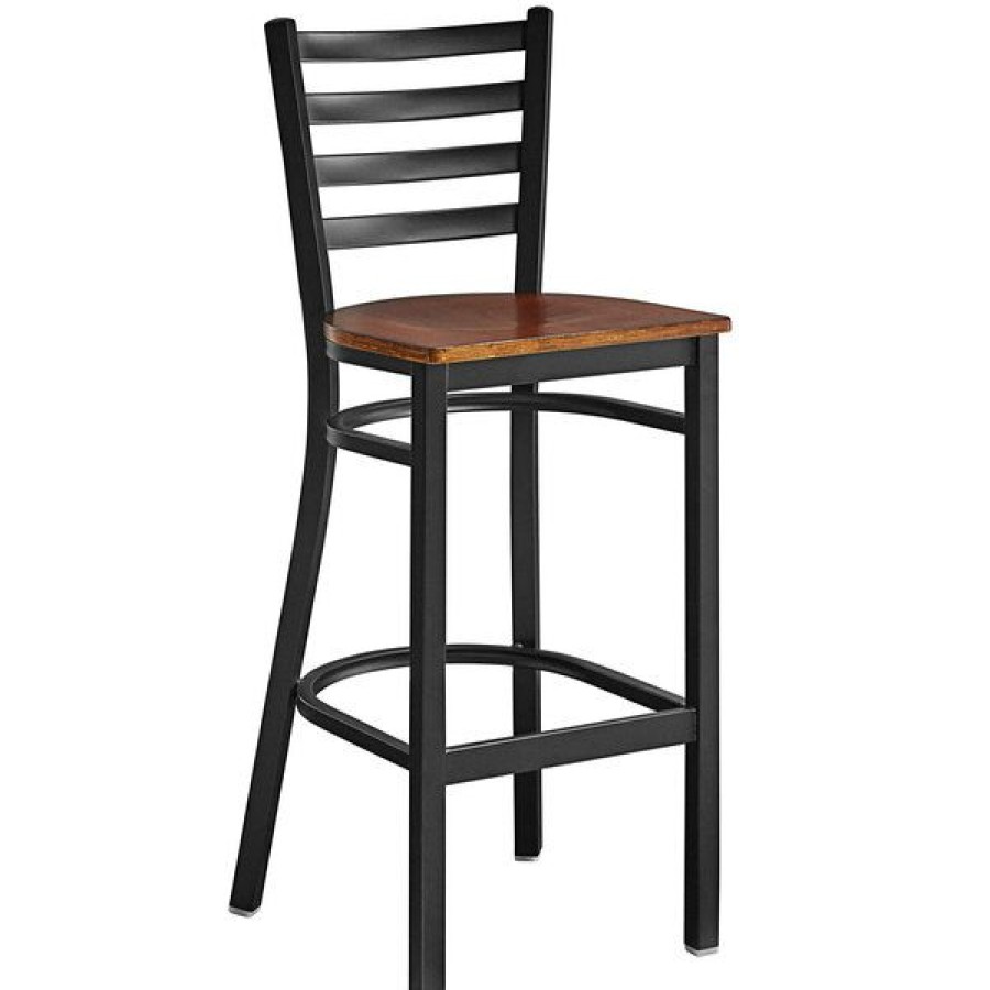 Restaurant Bar Stools * | Best Deal Lancaster Table & Seating Black Frame Ladder Back Bar Height Chair With Antique Walnut Wood Seat