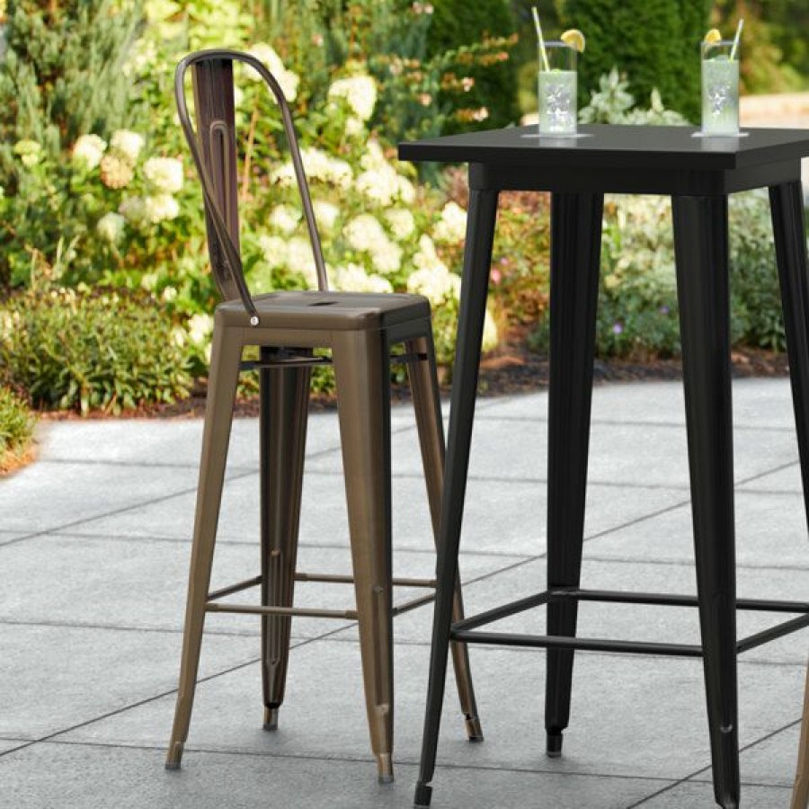 Outdoor Restaurant Bar Stools * | Top 10 Lt&S Alloy Series Lancaster Table & Seating Alloy Series Copper Metal Indoor / Outdoor Industrial Cafe Barstool With Vertical Slat Back And Drain Hole Seat