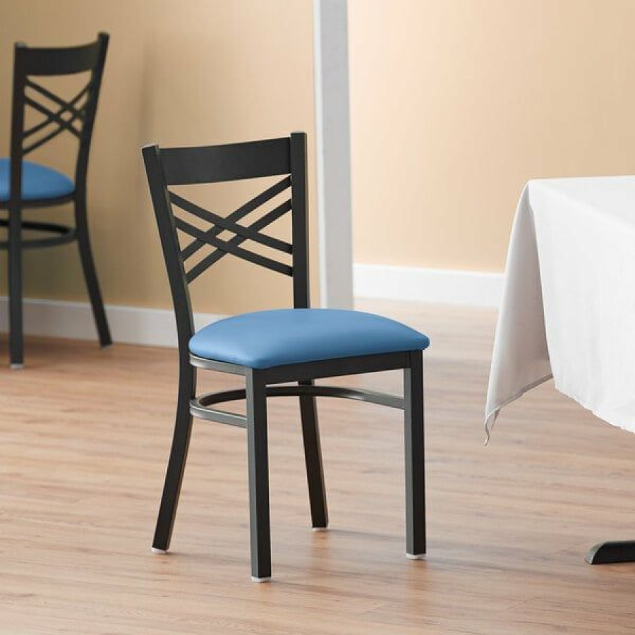 Restaurant Chairs * | Buy Lancaster Table & Seating Black Cross Back Chair With Blue Padded Seat