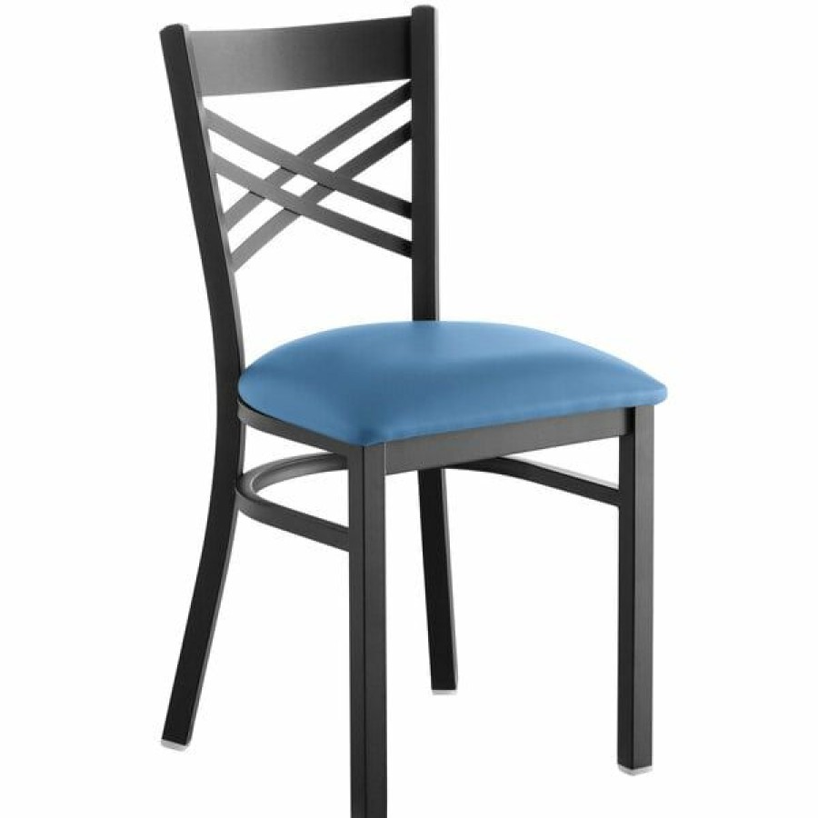 Restaurant Chairs * | Buy Lancaster Table & Seating Black Cross Back Chair With Blue Padded Seat