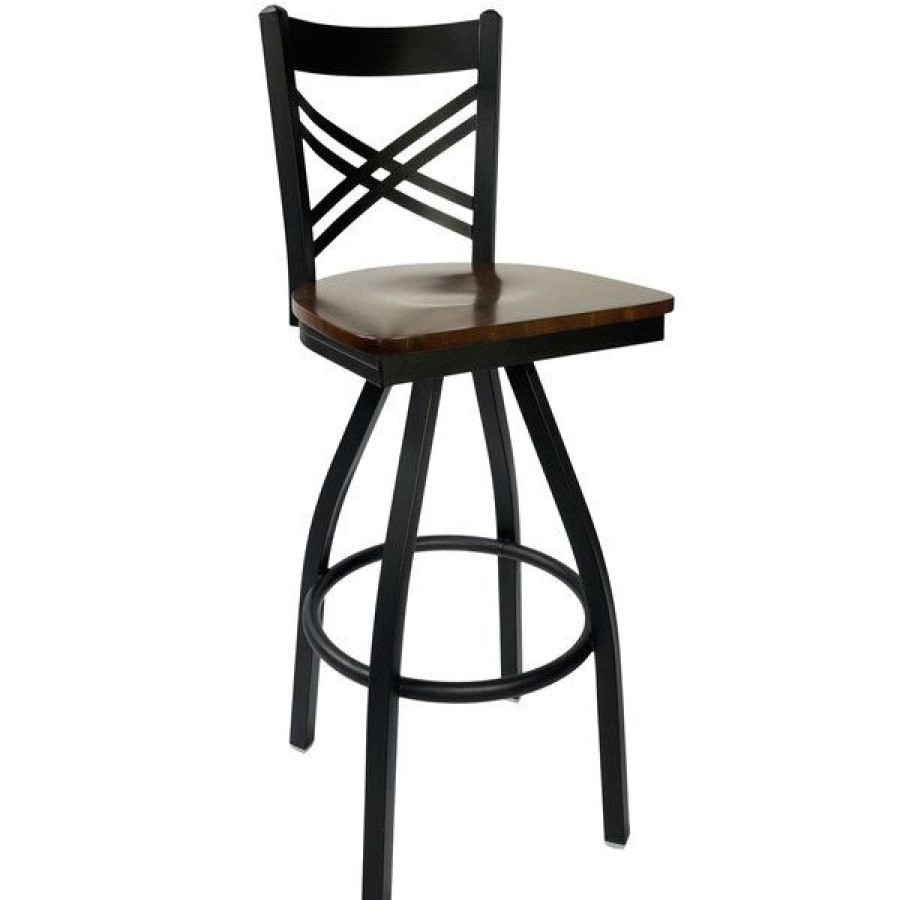 Restaurant Bar Stools * | Outlet Bfm Seating 2130Swaw-Sb Akrin Metal Barstool With Walnut Wood Swivel Seat