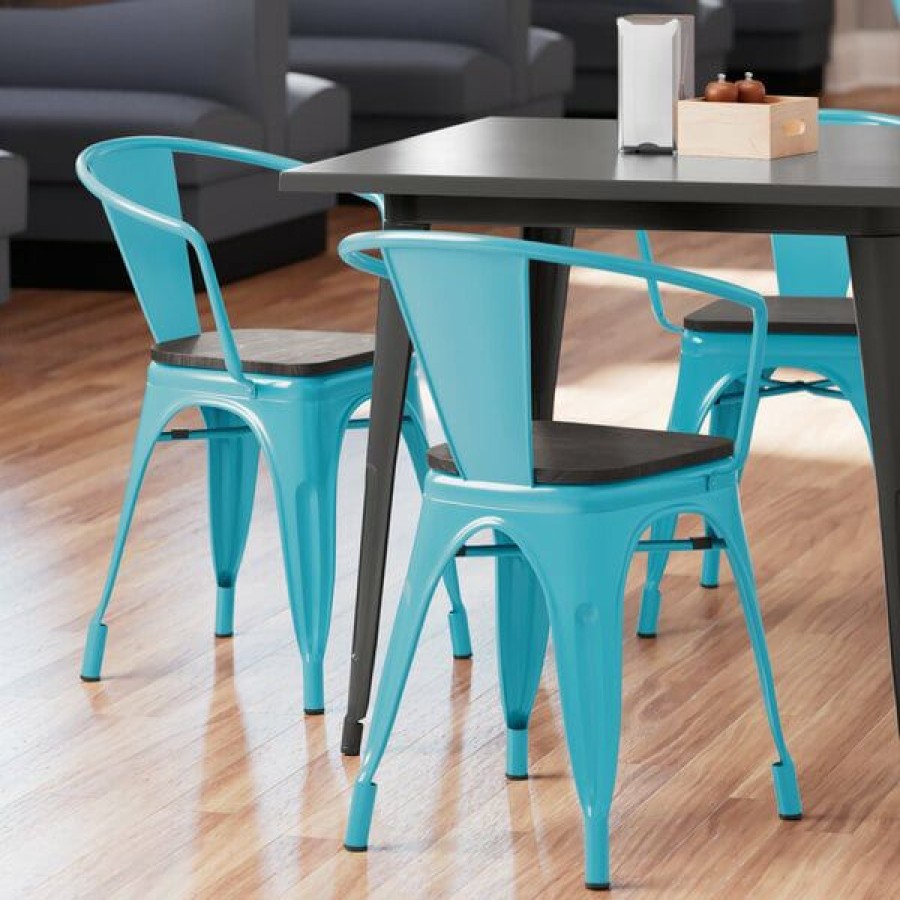 Restaurant Chairs * | Cheapest Lt&S Alloy Series Lancaster Table & Seating Alloy Series Arctic Blue Metal Indoor Industrial Cafe Arm Chair With Vertical Slat Back And Black Wood Seat