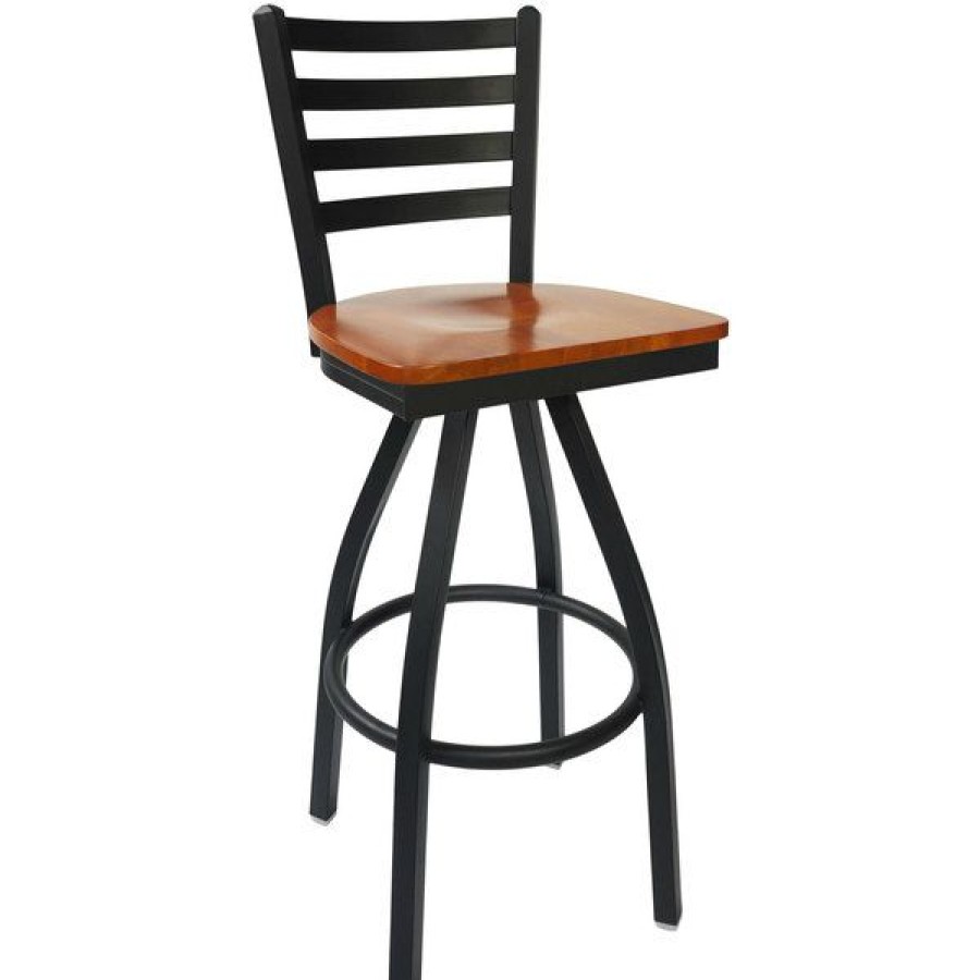 Restaurant Bar Stools * | Best Sale Bfm Seating 2160Schw-Sb Lima Sand Black Steel Bar Height Chair With Cherry Wood Swivel Seat