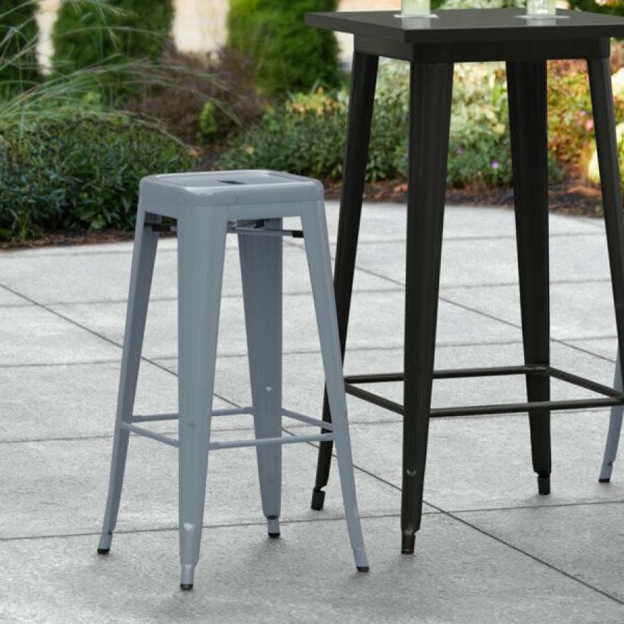 Outdoor Restaurant Bar Stools * | Hot Sale Lt&S Alloy Series Lancaster Table & Seating Alloy Series Charcoal Stackable Metal Indoor / Outdoor Industrial Barstool With Drain Hole Seat