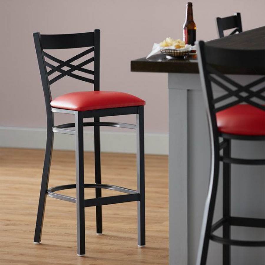 Restaurant Bar Stools * | Brand New Lancaster Table & Seating Cross Back Bar Height Black Chair With Red Vinyl Seat