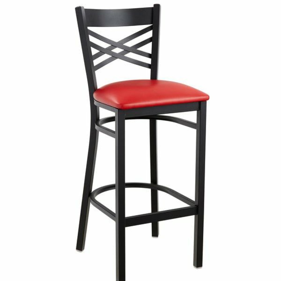 Restaurant Bar Stools * | Brand New Lancaster Table & Seating Cross Back Bar Height Black Chair With Red Vinyl Seat