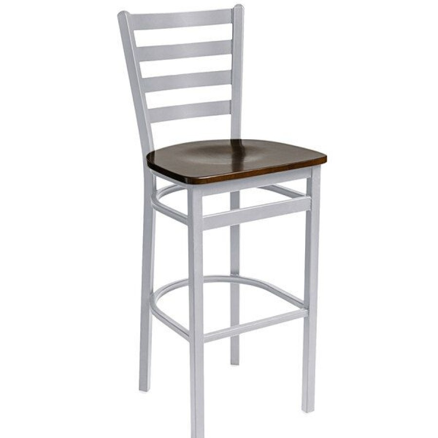 Restaurant Bar Stools * | Discount Bfm Seating 2160Bwaw-Sm Lima Silver Mist Steel Bar Height Chair With Walnut Wooden Seat