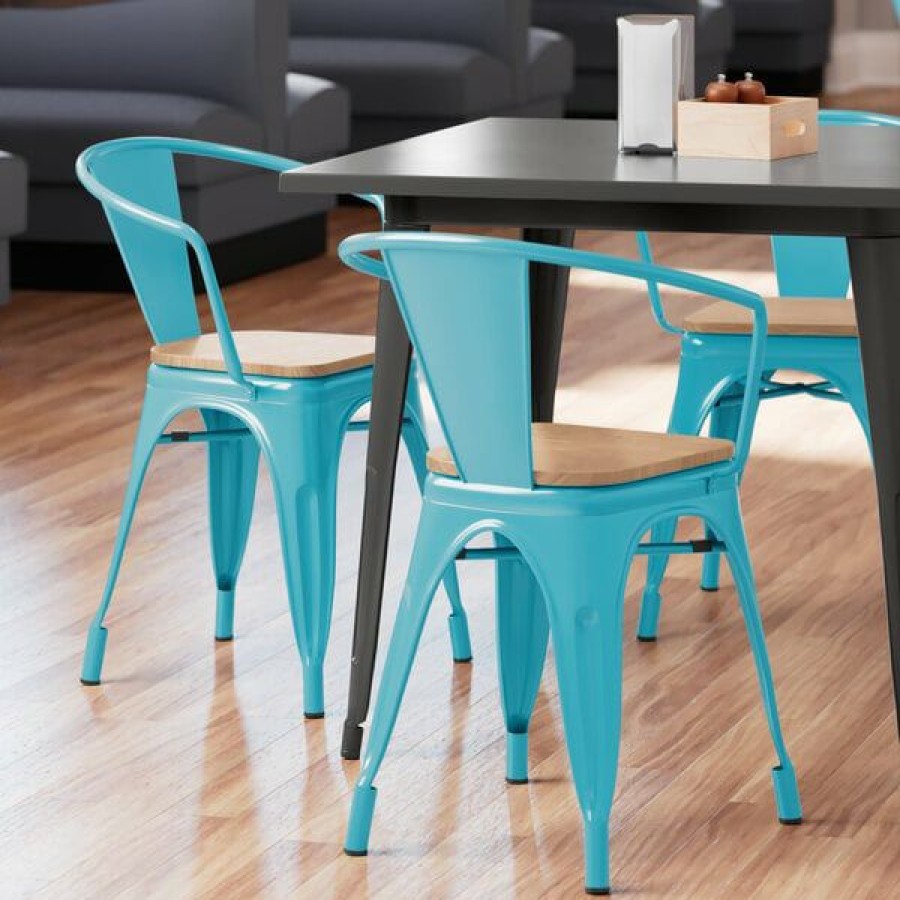 Restaurant Chairs * | Cheapest Lt&S Alloy Series Lancaster Table & Seating Alloy Series Arctic Blue Metal Indoor Industrial Cafe Arm Chair With Vertical Slat Back And Natural Wood Seat