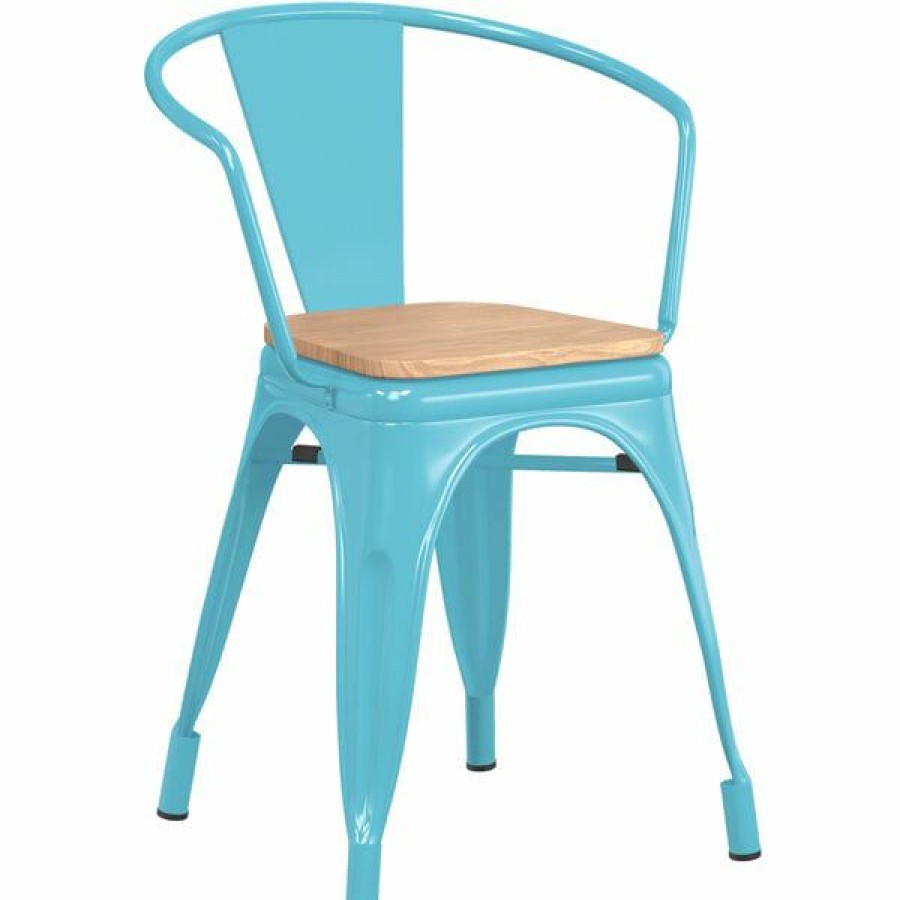 Restaurant Chairs * | Cheapest Lt&S Alloy Series Lancaster Table & Seating Alloy Series Arctic Blue Metal Indoor Industrial Cafe Arm Chair With Vertical Slat Back And Natural Wood Seat