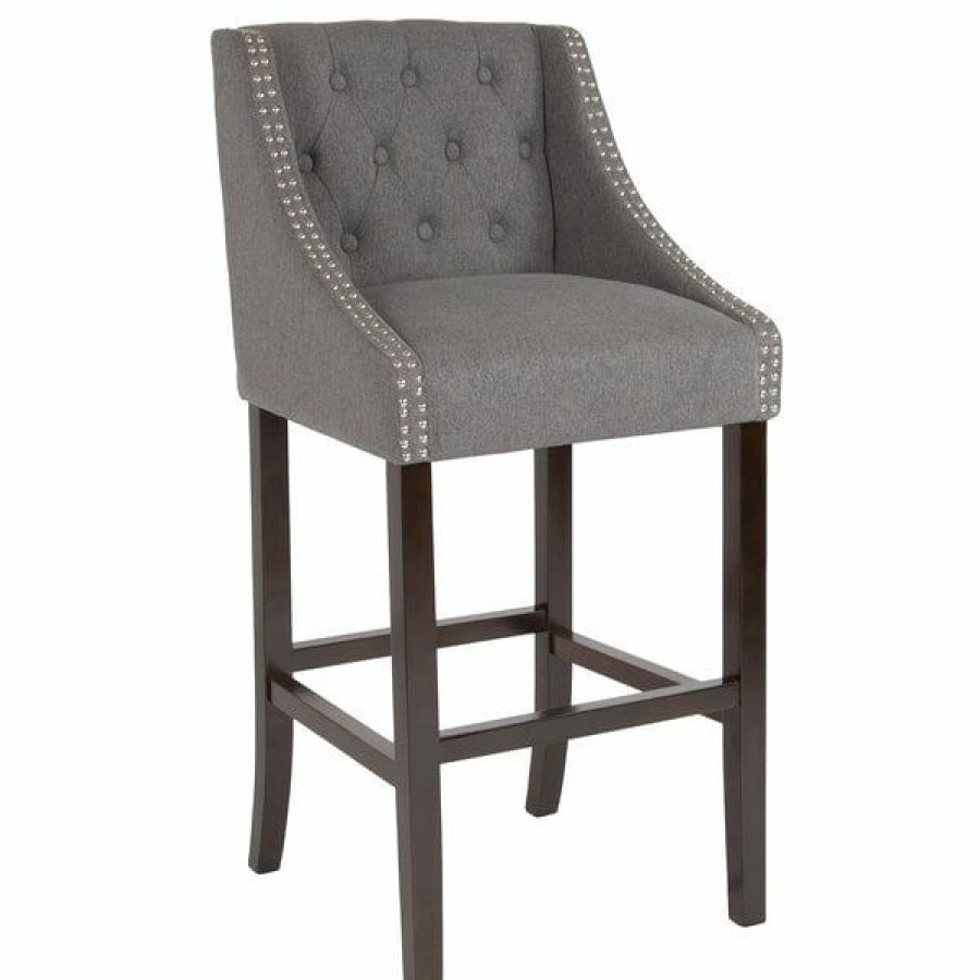 Restaurant Bar Stools * | Hot Sale Flash Furniture Ch-182020-T-30-Dkgy-F-Gg Carmel Series Dark Gray Tufted Fabric Bar Stool With Walnut Frame And Nail Trim Accent