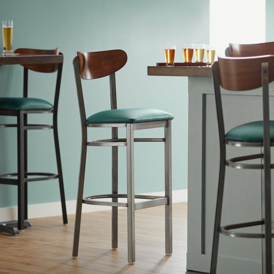 Restaurant Bar Stools * | Discount Lt&S Boomerang Series Lancaster Table & Seating Boomerang Bar Height Clear Coat Chair With Green Vinyl Seat And Antique Walnut Back