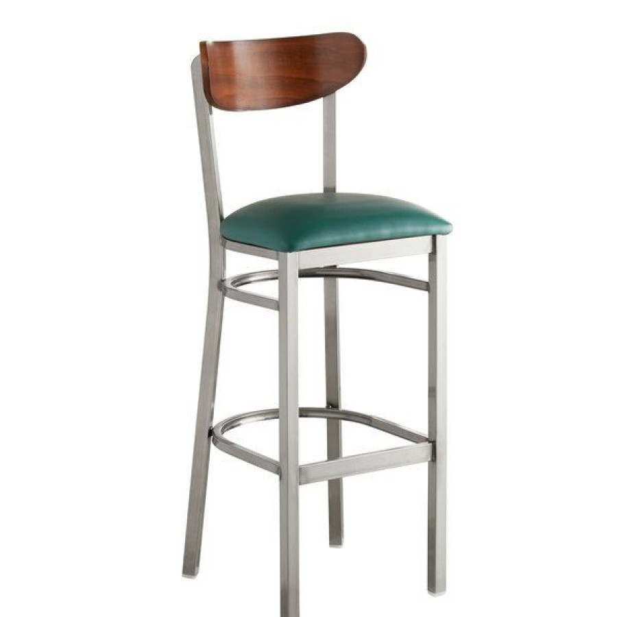 Restaurant Bar Stools * | Discount Lt&S Boomerang Series Lancaster Table & Seating Boomerang Bar Height Clear Coat Chair With Green Vinyl Seat And Antique Walnut Back