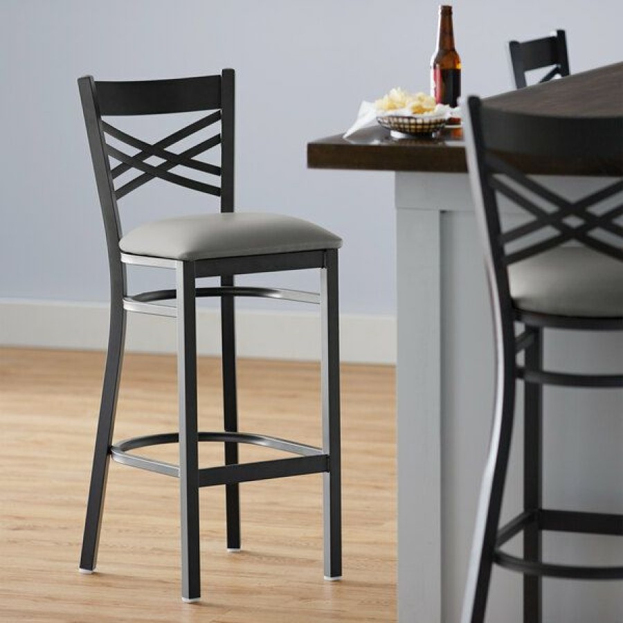 Restaurant Bar Stools * | Cheap Lancaster Table & Seating Black Cross Back Bar Height Chair With Light Gray Padded Seat