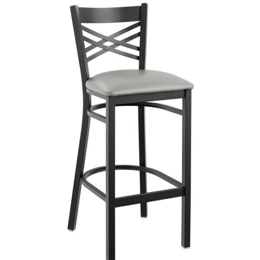 Restaurant Bar Stools * | Cheap Lancaster Table & Seating Black Cross Back Bar Height Chair With Light Gray Padded Seat