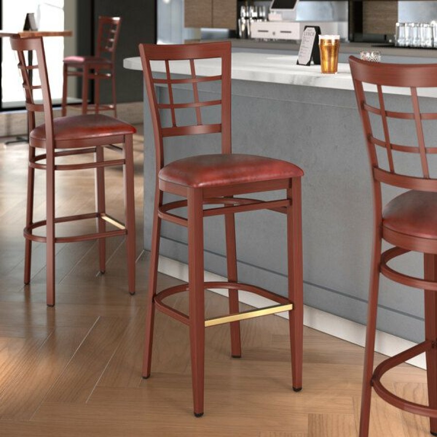 Restaurant Bar Stools * | Wholesale Lt&S Spartan Series Lancaster Table & Seating Spartan Series Bar Height Metal Window Back Chair With Mahogany Wood Grain Finish And Burgundy Vinyl Seat