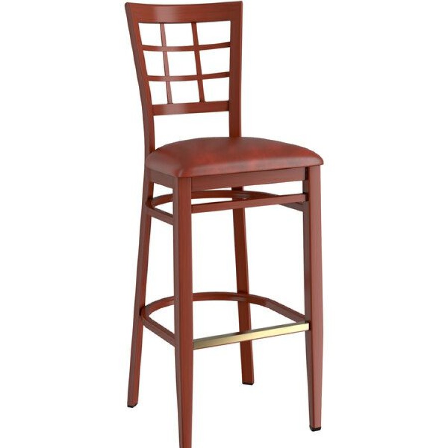 Restaurant Bar Stools * | Wholesale Lt&S Spartan Series Lancaster Table & Seating Spartan Series Bar Height Metal Window Back Chair With Mahogany Wood Grain Finish And Burgundy Vinyl Seat