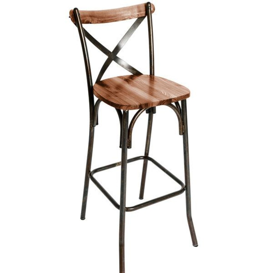 Restaurant Bar Stools * | Coupon Bfm Seating Js88Bash-Ru Henry Distressed Rustic Clear Coated Steel Bar Height Chair With Autumn Ash Wooden Back And Seat