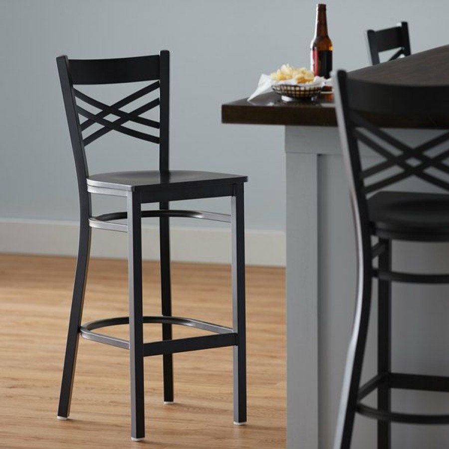 Restaurant Bar Stools * | Cheap Lancaster Table & Seating Cross Back Bar Height Black Chair With Black Wood Seat