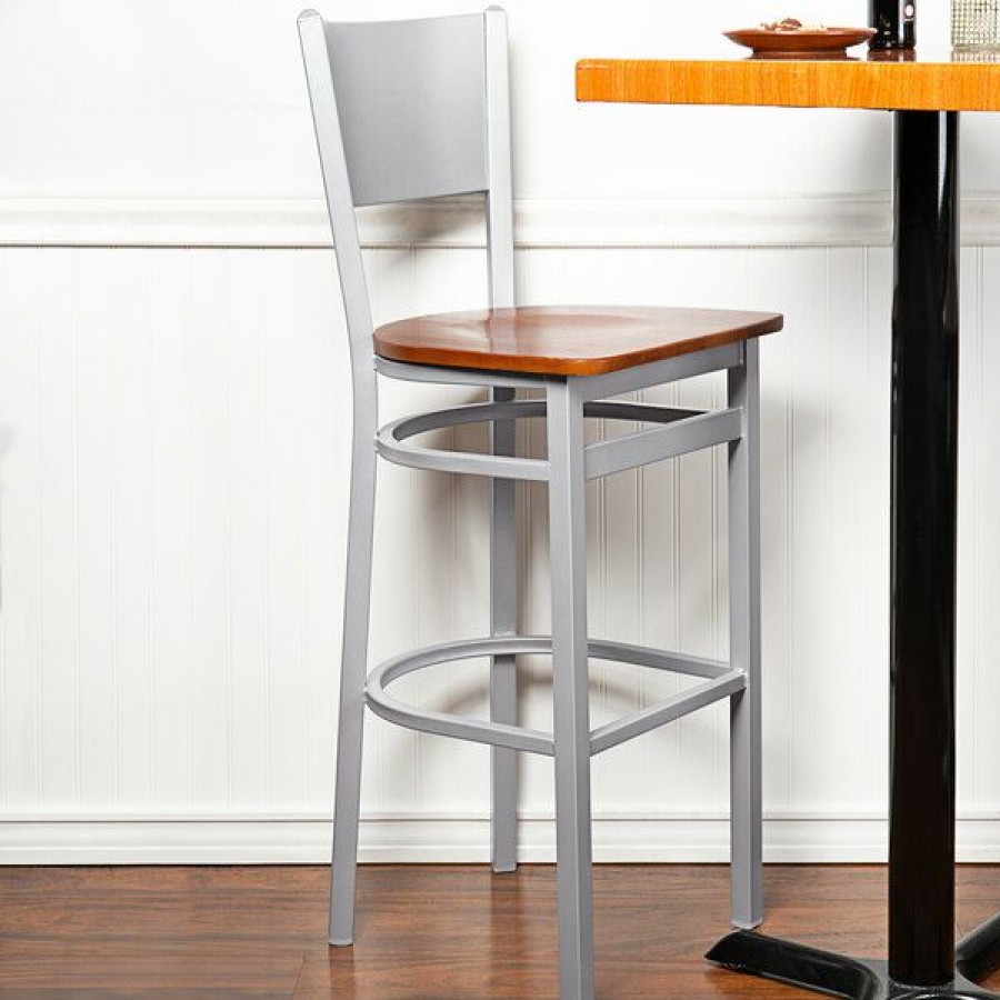 Restaurant Bar Stools * | Cheapest Bfm Seating 2140Bchw-Sm Axel Silver Mist Steel Bar Height Chair With Cherry Wood Seat