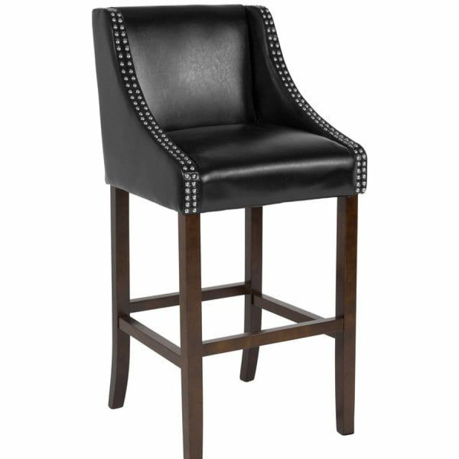 Restaurant Bar Stools * | Flash Sale Flash Furniture Ch-182020-30-Bk-Gg Carmel Series Black Leather Bar Stool With Walnut Frame And Nail Trim Accent