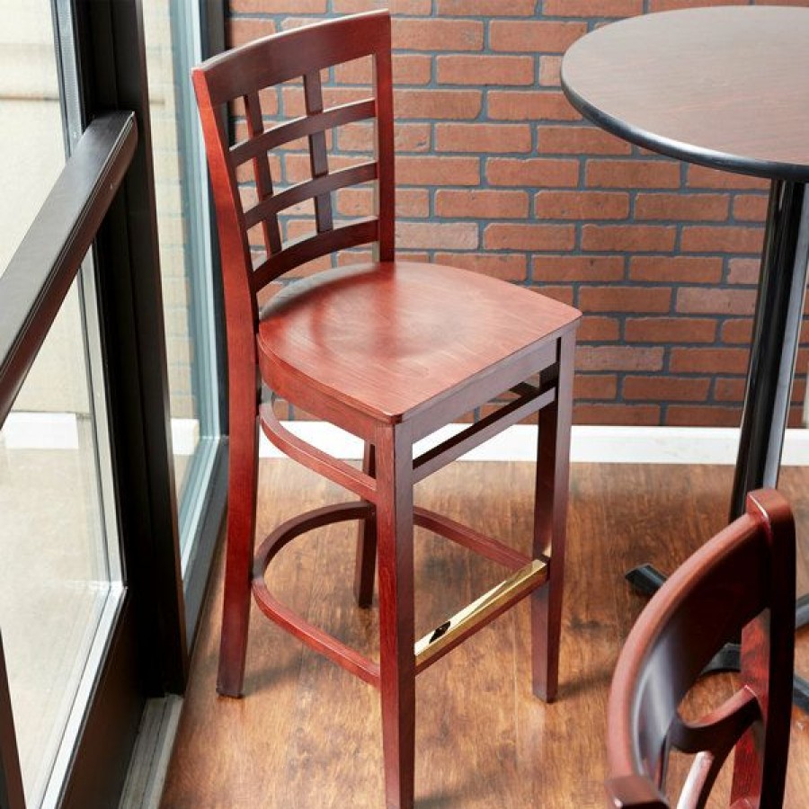 Restaurant Bar Stools * | Top 10 Lancaster Table & Seating Mahogany Finish Wooden Window Back Bar Height Chair