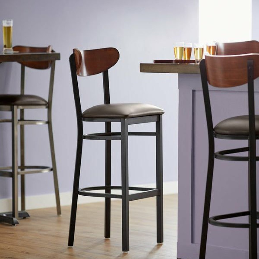 Restaurant Bar Stools * | Promo Lt&S Boomerang Series Lancaster Table & Seating Boomerang Bar Height Black Chair With Dark Brown Vinyl Seat And Antique Walnut Back