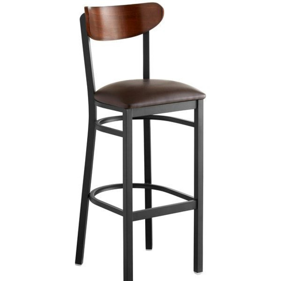 Restaurant Bar Stools * | Promo Lt&S Boomerang Series Lancaster Table & Seating Boomerang Bar Height Black Chair With Dark Brown Vinyl Seat And Antique Walnut Back