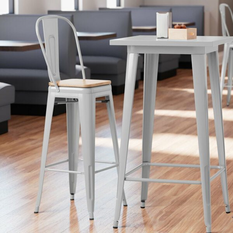 Restaurant Bar Stools * | Flash Sale Lt&S Alloy Series Lancaster Table & Seating Alloy Series Silver Metal Indoor Industrial Cafe Bar Height Stool With Vertical Slat Back And Natural Wood Seat