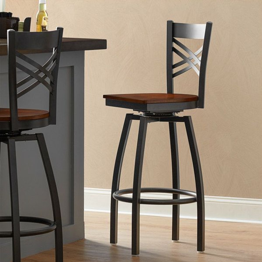 Restaurant Bar Stools * | New Lancaster Table & Seating Cross Back Bar Height Black Swivel Chair With Antique Walnut Seat