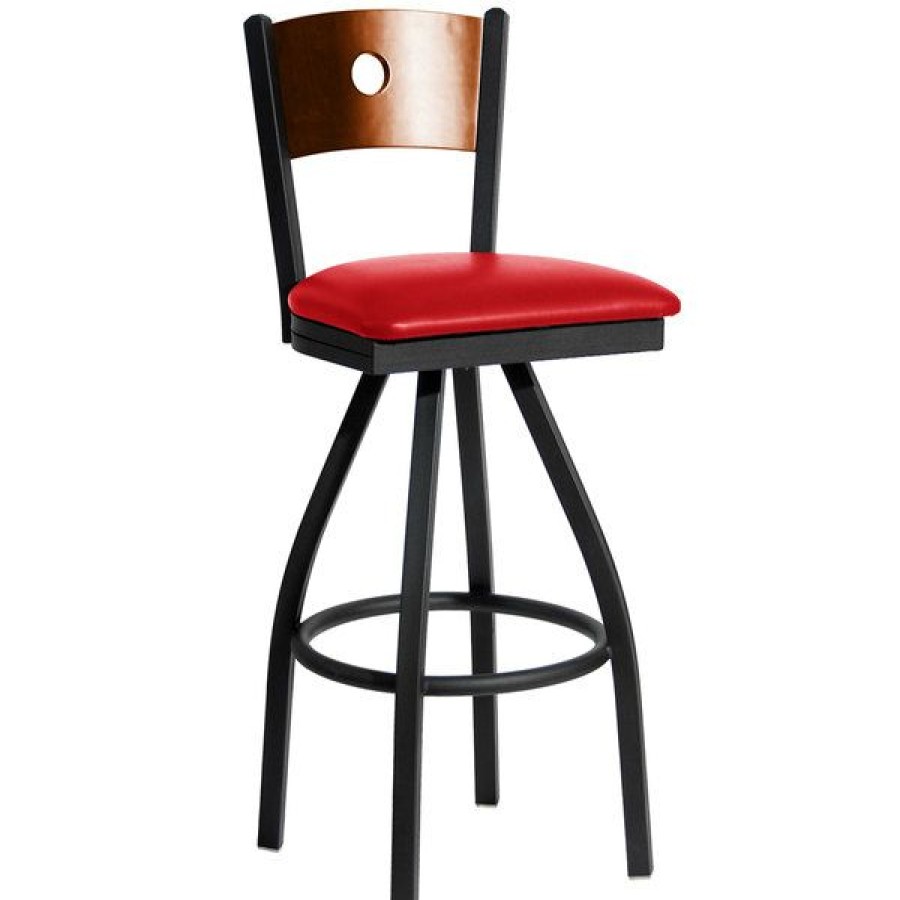 Restaurant Bar Stools * | Brand New Bfm Seating 2152Srdv-Chsb Darby Sand Black Metal Bar Height Chair With Cherry Wooden Back And 2 Red Vinyl Swivel Seat