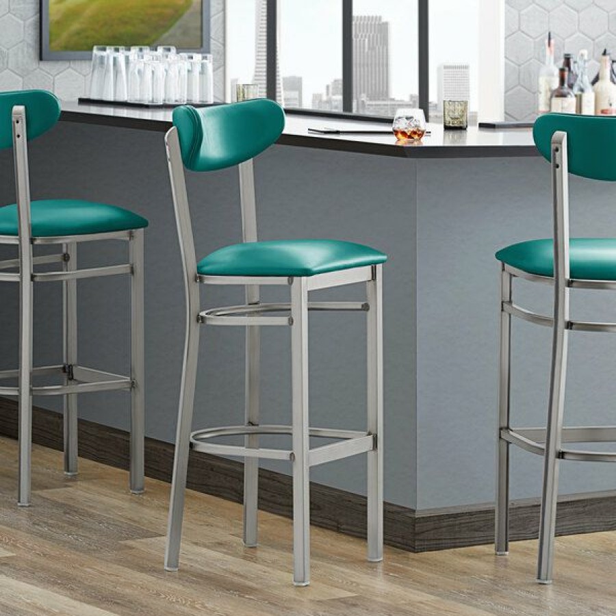 Restaurant Bar Stools * | Cheapest Lt&S Boomerang Series Lancaster Table & Seating Boomerang Bar Height Clear Coat Chair With Green Vinyl Seat And Back