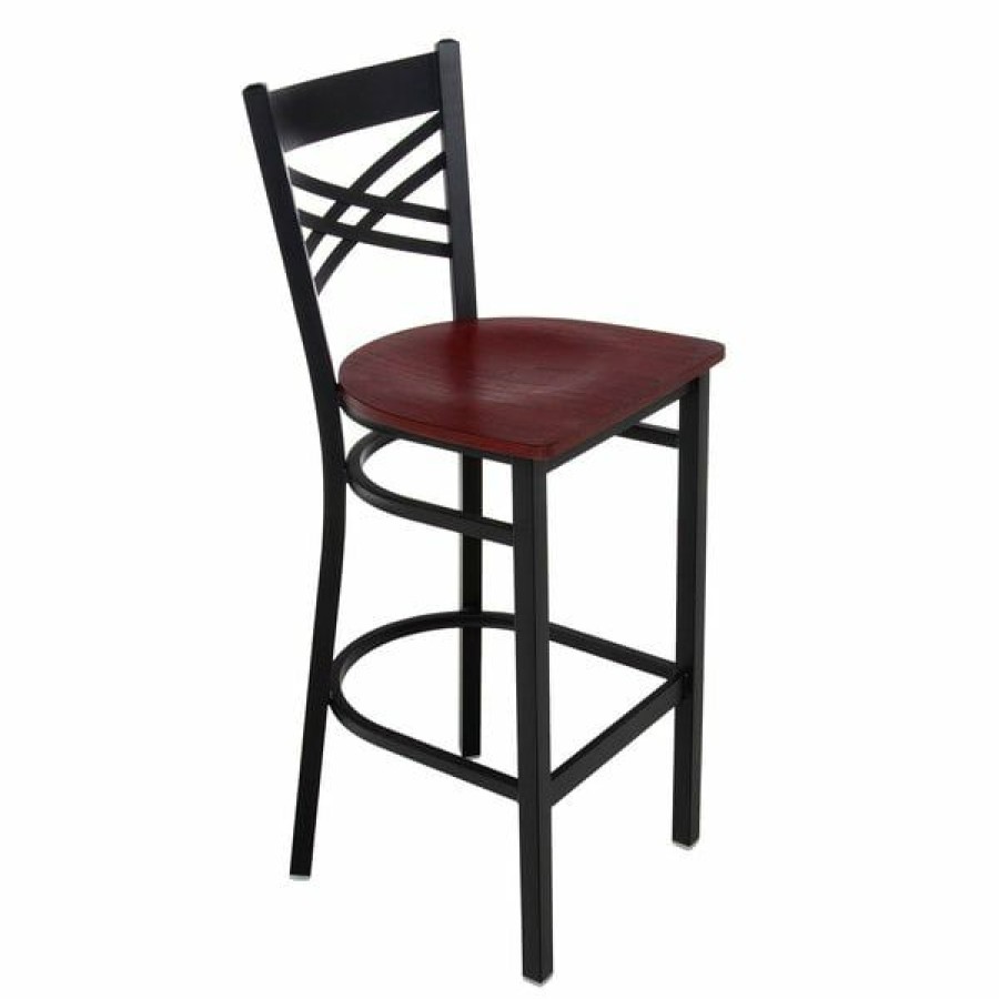 Restaurant Bar Stools * | Brand New Lancaster Table & Seating Cross Back Black Bar Height Chair With Mahogany Seat