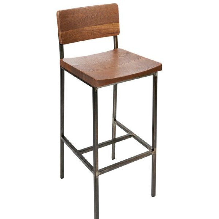 Restaurant Bar Stools * | Best Pirce Bfm Seating Js33Bash-Ru Memphis Distressed Rustic Clear Coated Steel Bar Height Chair With Autumn Ash Wooden Back And Seat