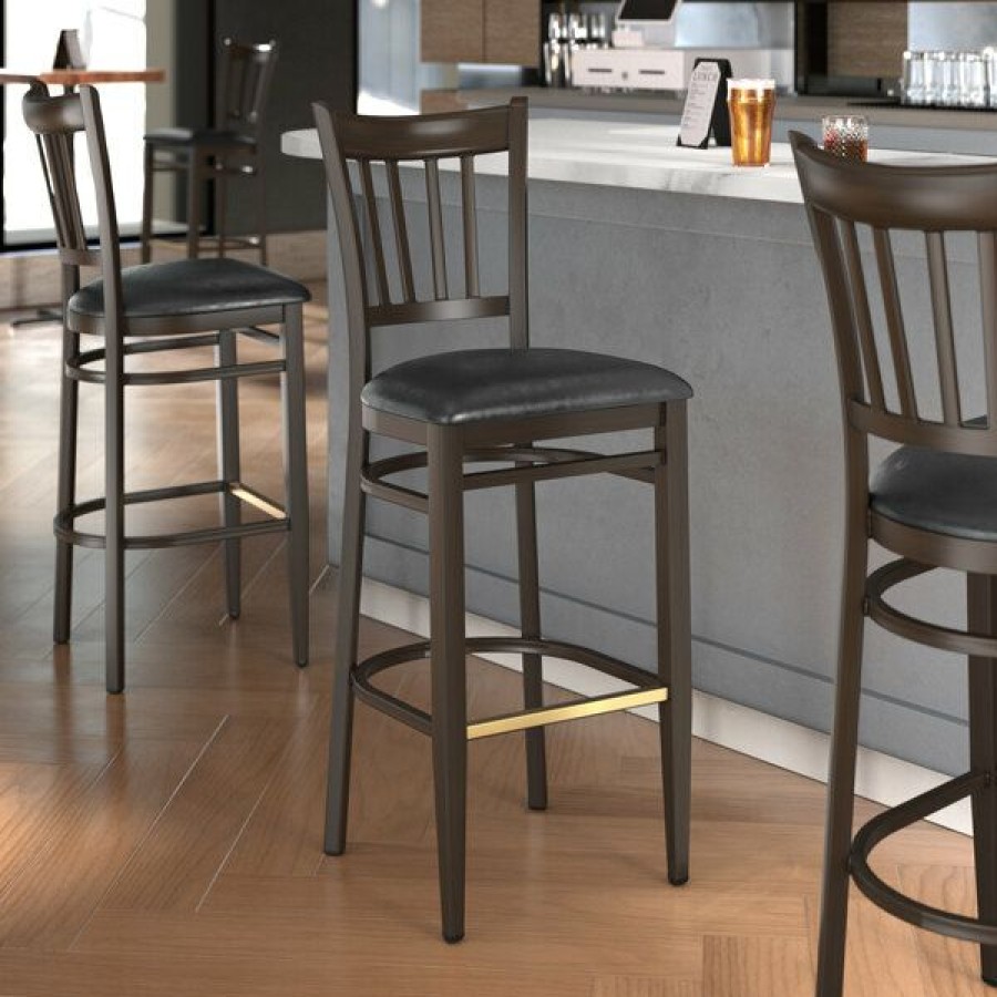 Restaurant Bar Stools * | Hot Sale Lt&S Spartan Series Lancaster Table & Seating Spartan Series Bar Height Metal Slat Back Chair With Walnut Wood Grain Finish And Black Vinyl Seat