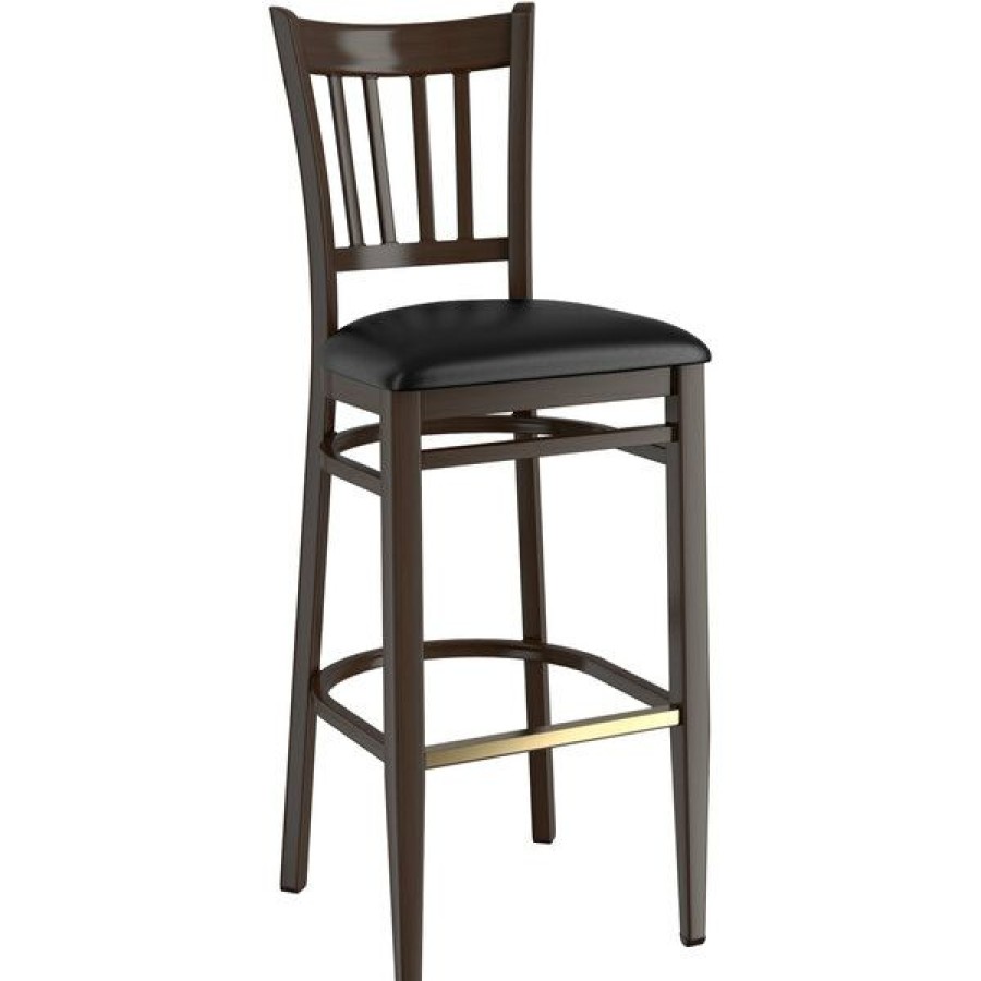 Restaurant Bar Stools * | Hot Sale Lt&S Spartan Series Lancaster Table & Seating Spartan Series Bar Height Metal Slat Back Chair With Walnut Wood Grain Finish And Black Vinyl Seat