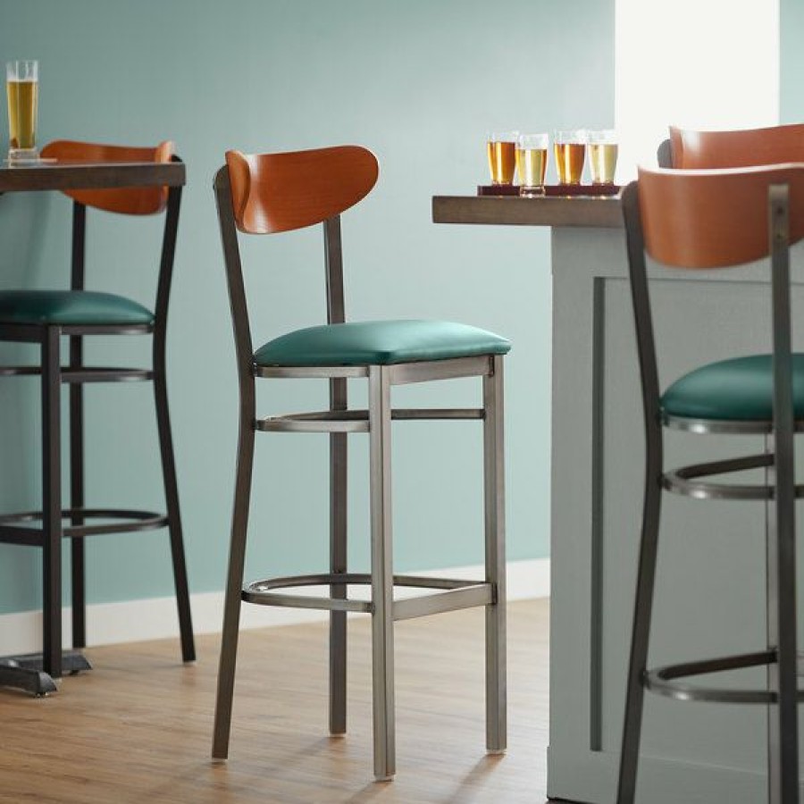 Restaurant Bar Stools * | Wholesale Lt&S Boomerang Series Lancaster Table & Seating Boomerang Bar Height Clear Coat Chair With Green Vinyl Seat And Cherry Back