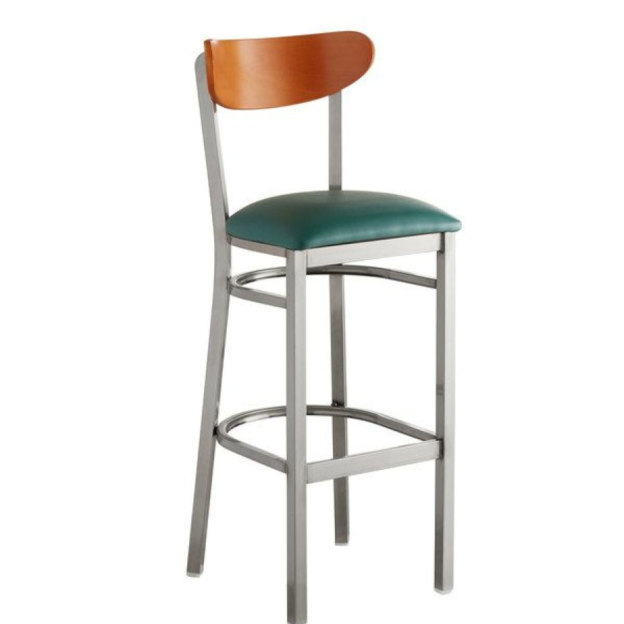 Restaurant Bar Stools * | Wholesale Lt&S Boomerang Series Lancaster Table & Seating Boomerang Bar Height Clear Coat Chair With Green Vinyl Seat And Cherry Back