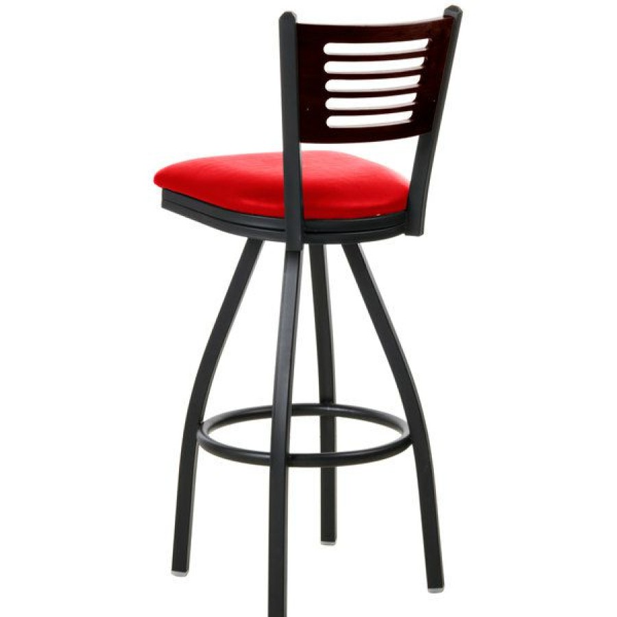 Restaurant Bar Stools * | Buy Bfm Seating 2151Srdv-Wasb Espy Sand Black Metal Bar Height Chair With Walnut Wooden Back And 2 Red Vinyl Swivel Seat