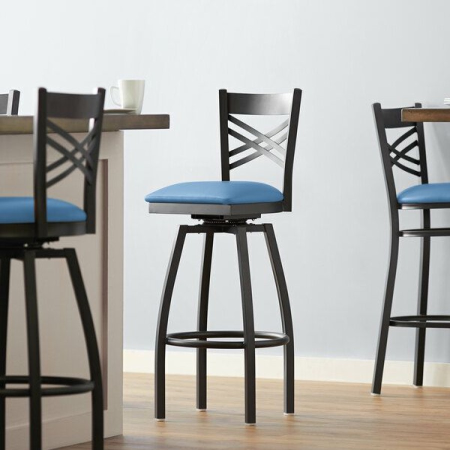 Restaurant Bar Stools * | Coupon Lancaster Table & Seating Black Cross Back Swivel Bar Height Chair With Blue Padded Seat