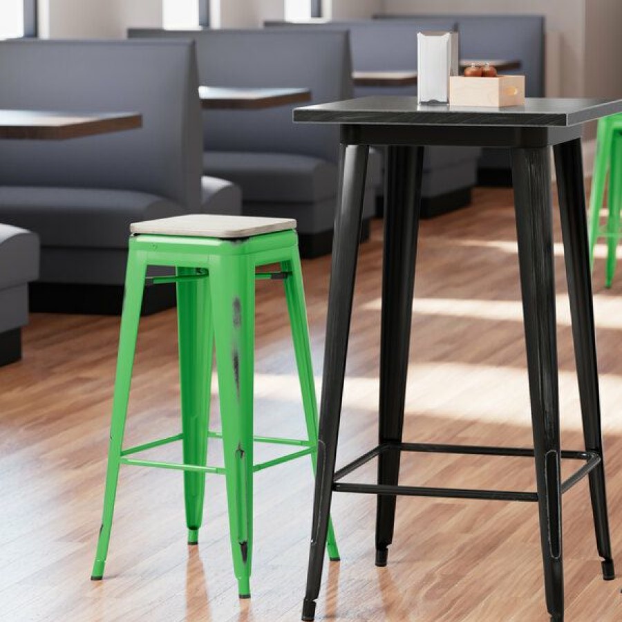 Restaurant Bar Stools * | Cheap Lt&S Alloy Series Lancaster Table & Seating Alloy Series Distressed Green Stackable Metal Indoor Industrial Barstool With Gray Wood Seat