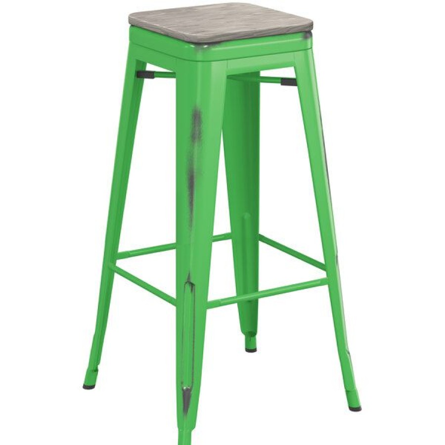 Restaurant Bar Stools * | Cheap Lt&S Alloy Series Lancaster Table & Seating Alloy Series Distressed Green Stackable Metal Indoor Industrial Barstool With Gray Wood Seat