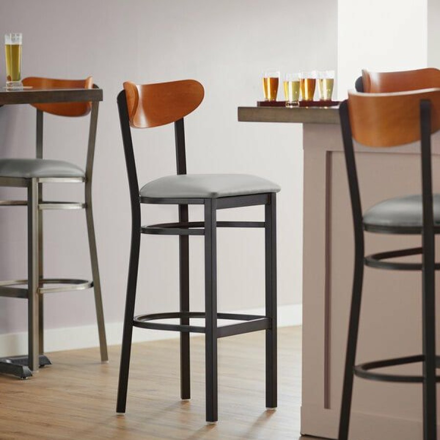 Restaurant Bar Stools * | Top 10 Lt&S Boomerang Series Lancaster Table & Seating Boomerang Bar Height Black Chair With Light Gray Vinyl Seat And Cherry Back