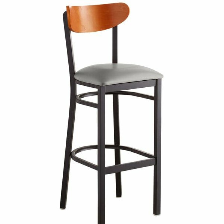 Restaurant Bar Stools * | Top 10 Lt&S Boomerang Series Lancaster Table & Seating Boomerang Bar Height Black Chair With Light Gray Vinyl Seat And Cherry Back